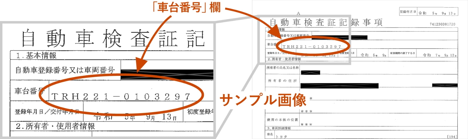 ⾃動車検査証（車検証）の車台番号記載場所